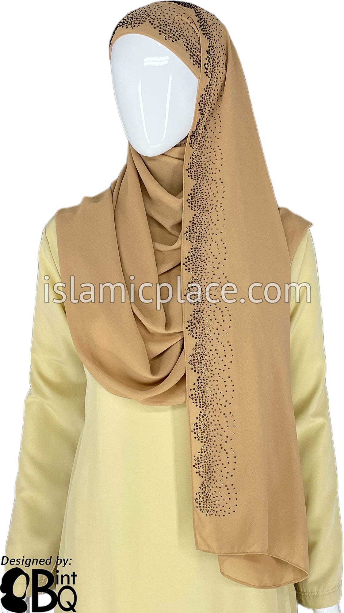 Tan with Brown Stones in Design 47 - Georgette Chiffon Shayla Long Rectangle Hijab 30&quot;x70&quot;