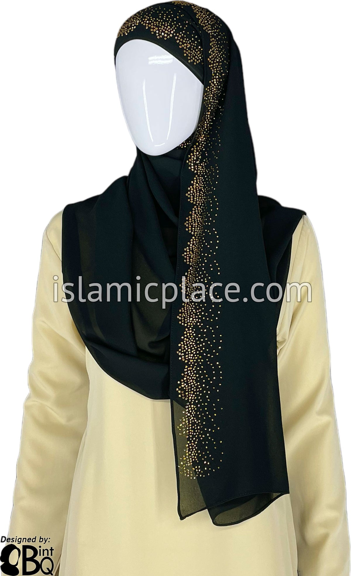 Black with Golden Stones in Design 14 - Georgette Chiffon Shayla Long Rectangle Hijab 30&quot;x70&quot;