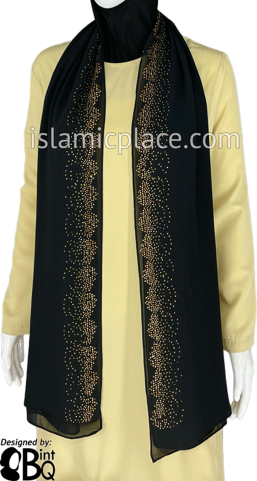 Black with Golden Stones in Design 14 - Georgette Chiffon Shayla Long Rectangle Hijab 30"x70"