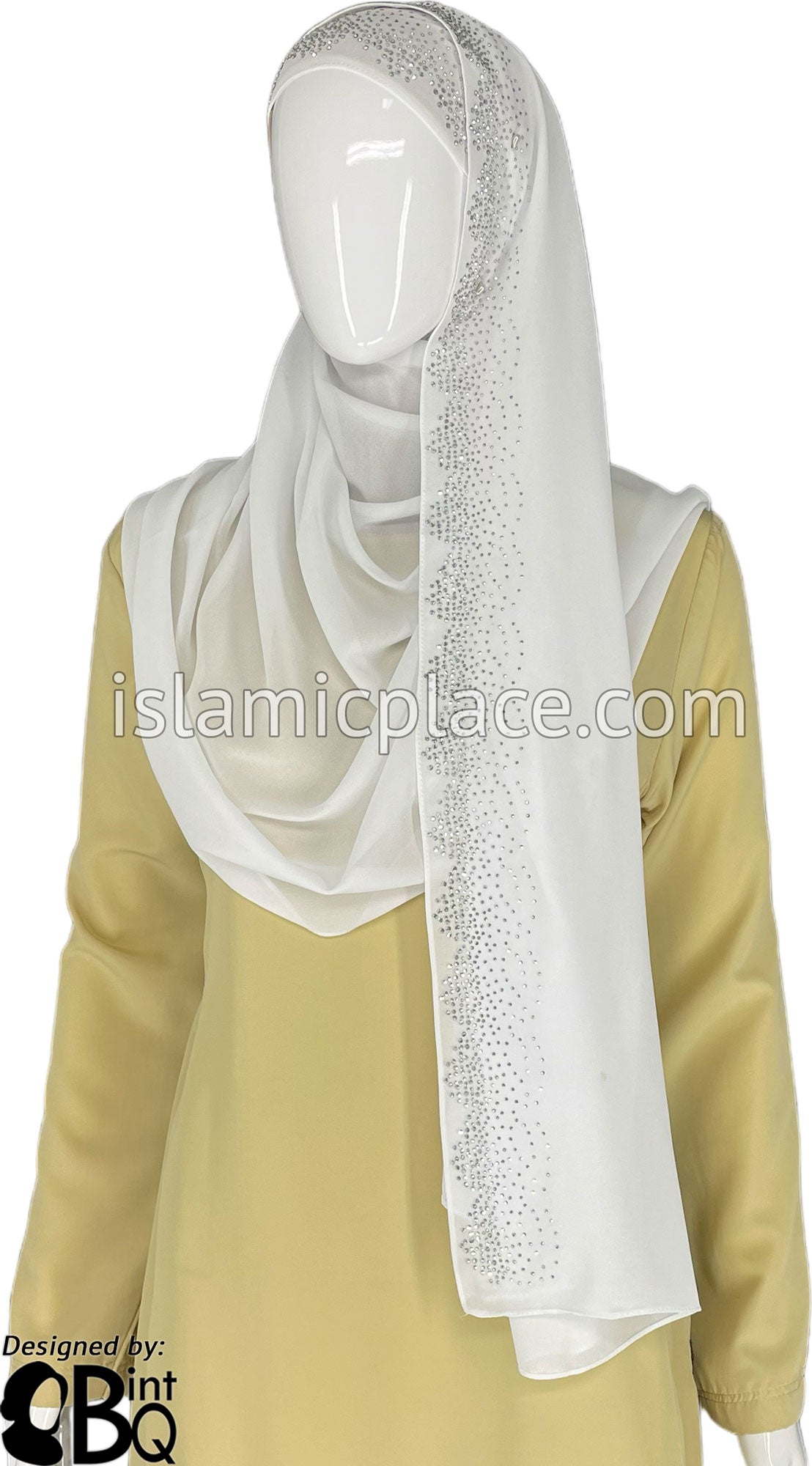 White with Silver Stones in Design 20 - Georgette Chiffon Shayla Long Rectangle Hijab 30&quot;x70&quot;