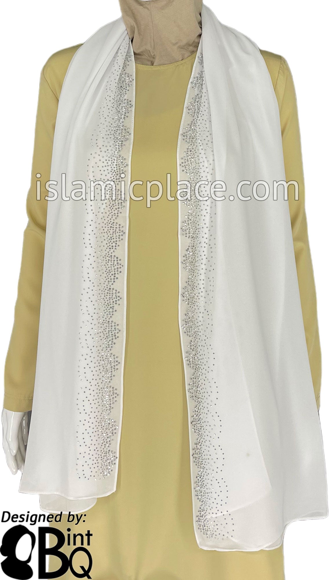 White with Silver Stones in Design 20 - Georgette Chiffon Shayla Long Rectangle Hijab 30"x70"