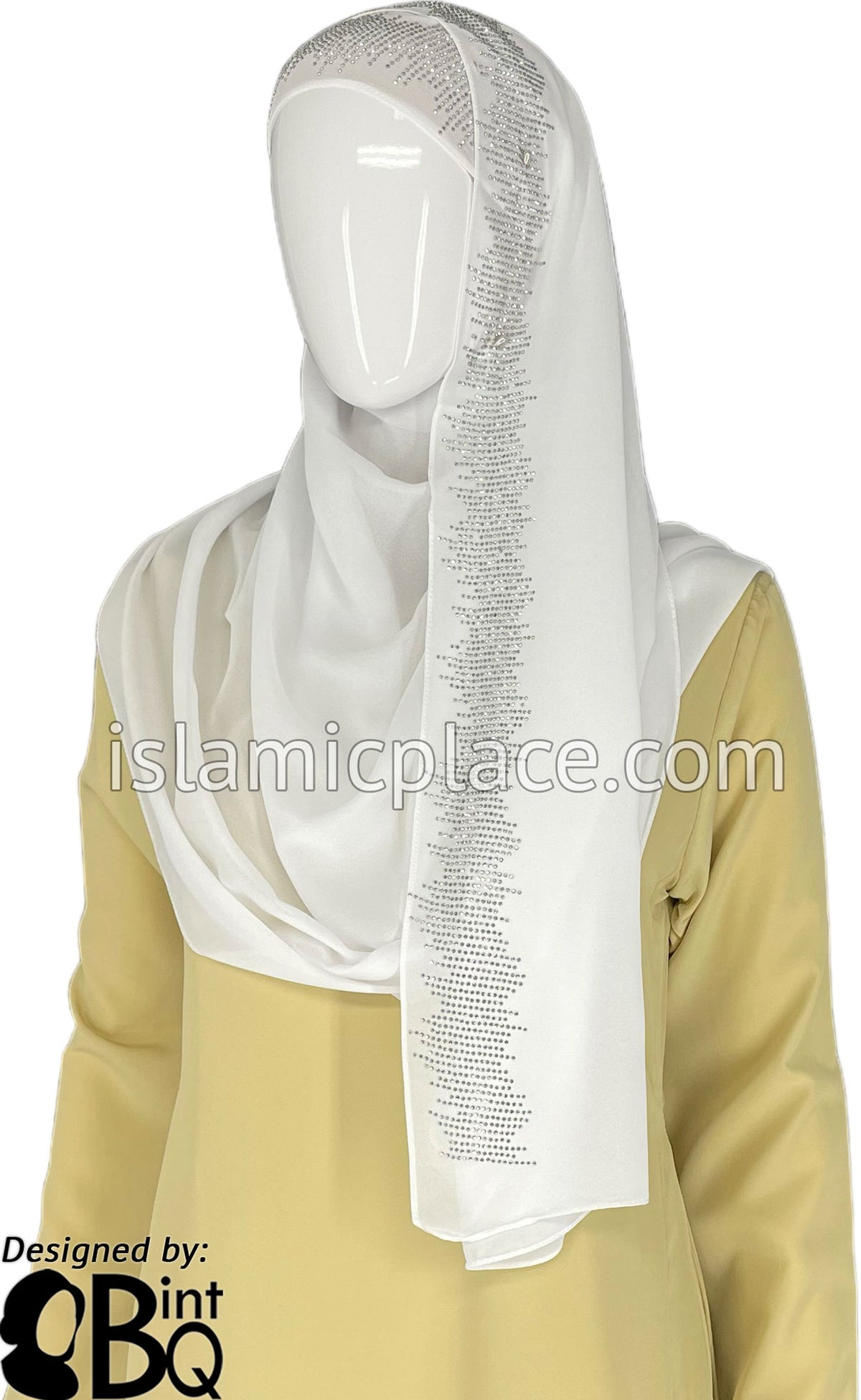 White with Silver Stones in Design 46 - Georgette Chiffon Shayla Long Rectangle Hijab 30&quot;x70&quot;