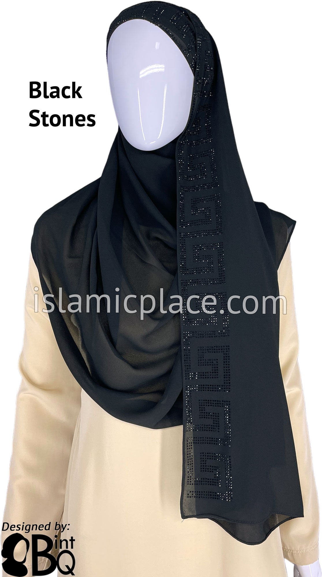 Black with Black Stones in Design 86 - Georgette Chiffon Shayla Long Rectangle Hijab 30&quot;x70&quot;