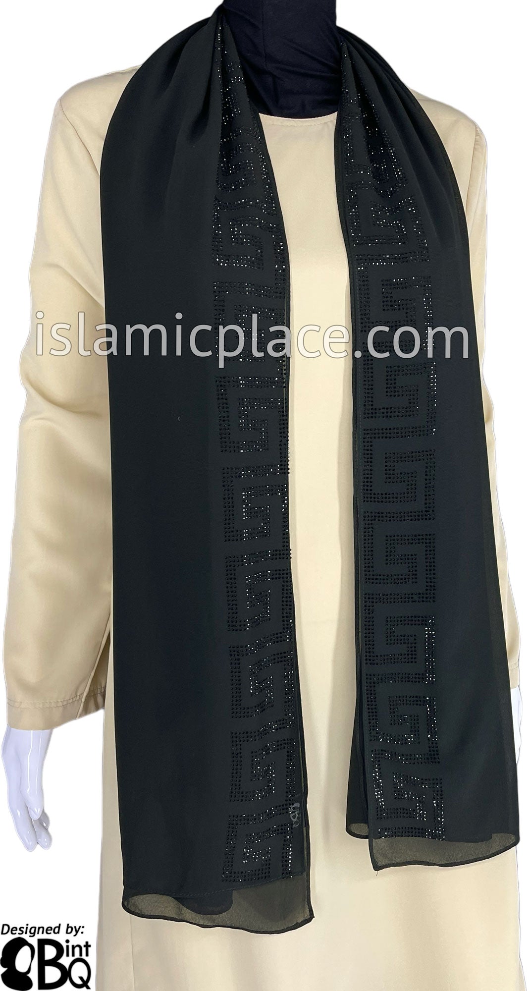 Black with Black Stones in Design 86 - Georgette Chiffon Shayla Long Rectangle Hijab 30"x70"