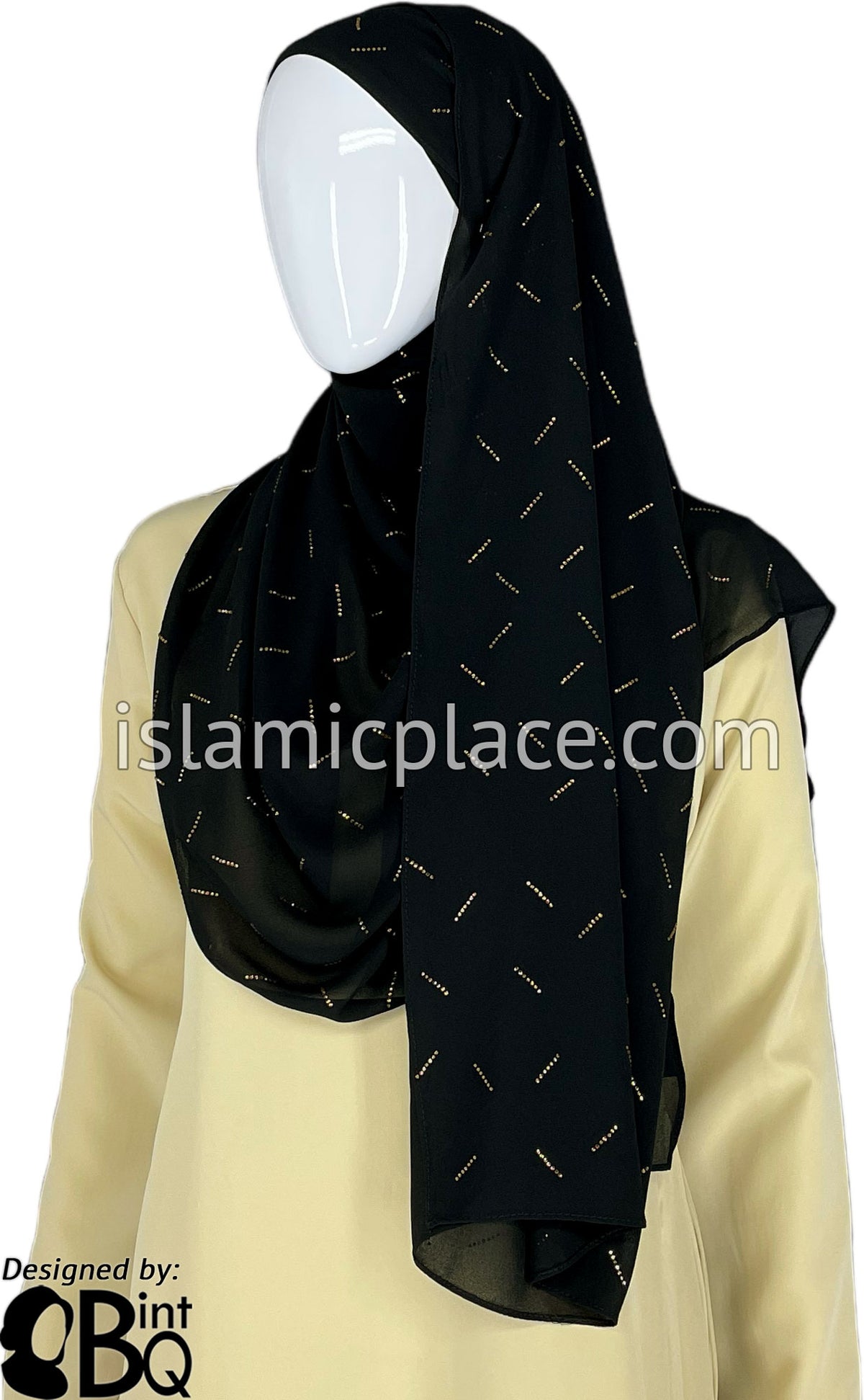 Black with Golden Stones in Design 136 - Georgette Chiffon Shayla Long Rectangle Hijab 30&quot;x70&quot;