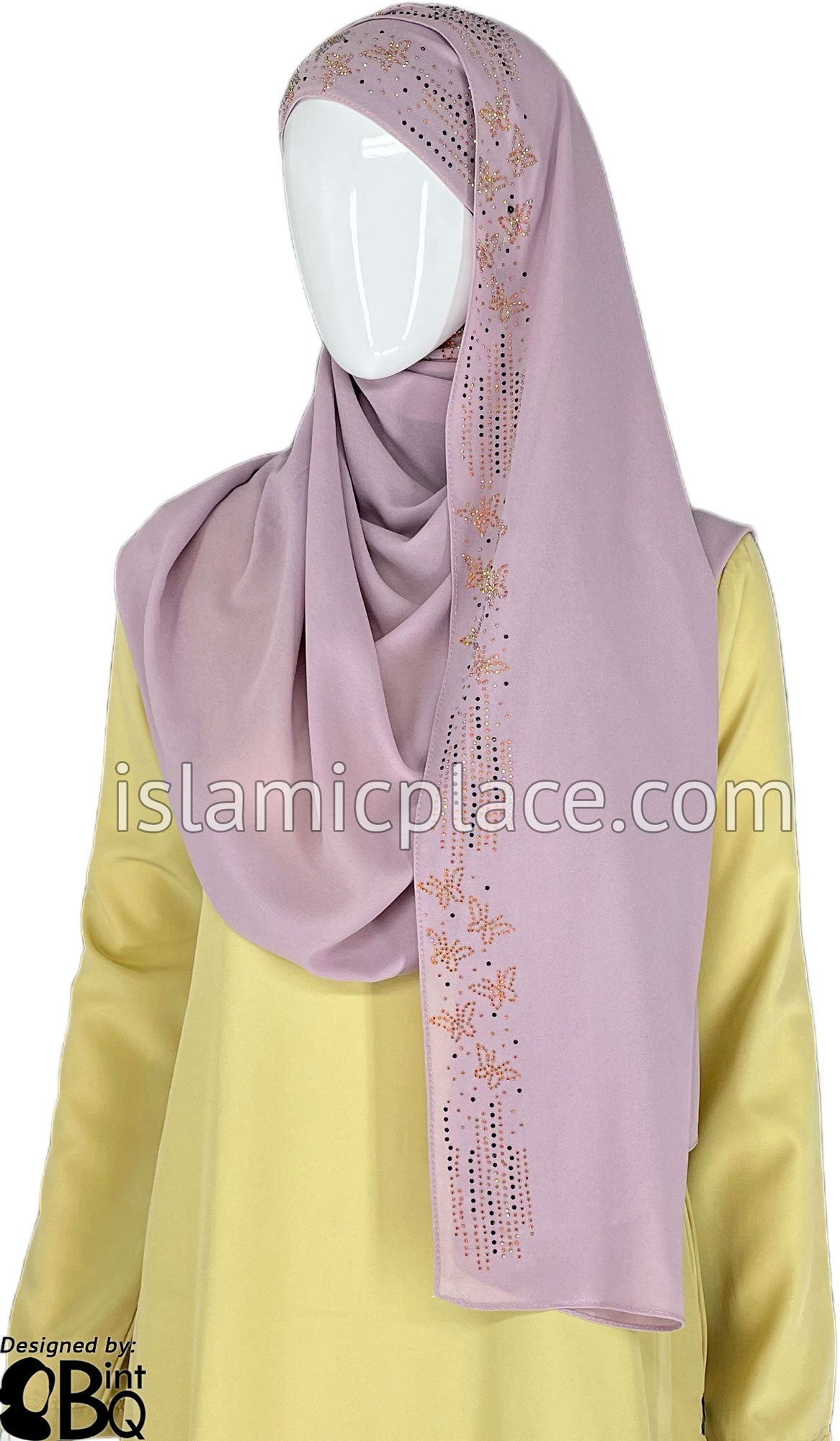 Lilac with Gold-Black Stones in Design 58 - Georgette Chiffon Shayla Long Rectangle Hijab 30&quot;x70&quot;