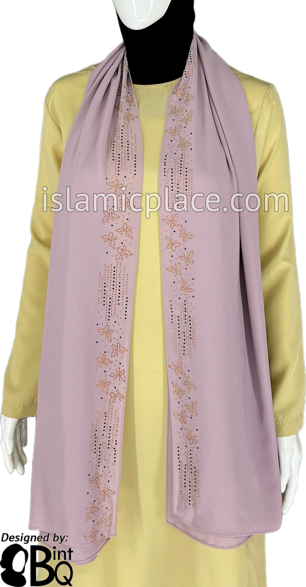 Lilac with Gold-Black Stones in Design 58 - Georgette Chiffon Shayla Long Rectangle Hijab 30"x70"