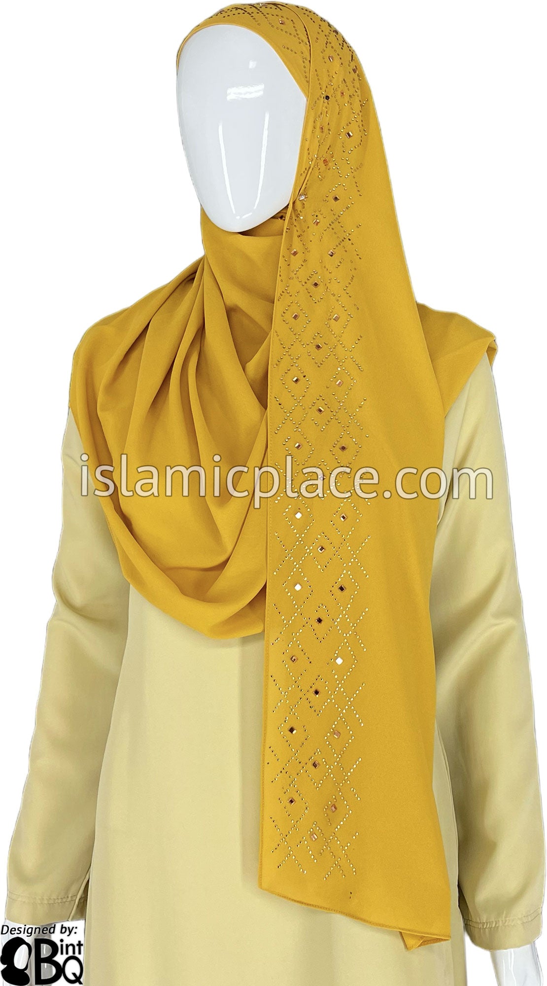 Gold with Golden Stones in Design 59 - Georgette Chiffon Shayla Long Rectangle Hijab 30&quot;x70&quot;