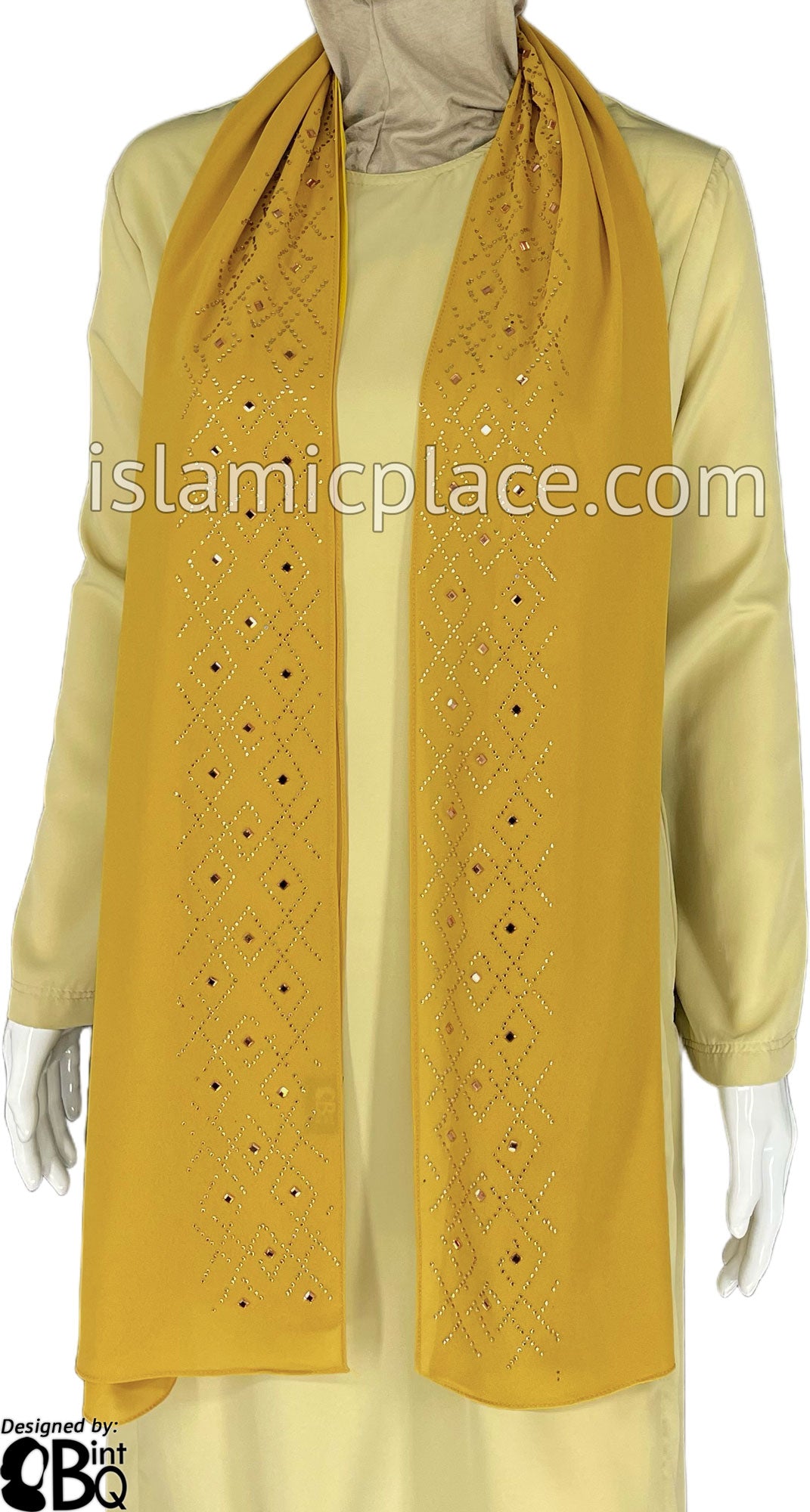 Gold with Golden Stones in Design 59 - Georgette Chiffon Shayla Long Rectangle Hijab 30"x70"