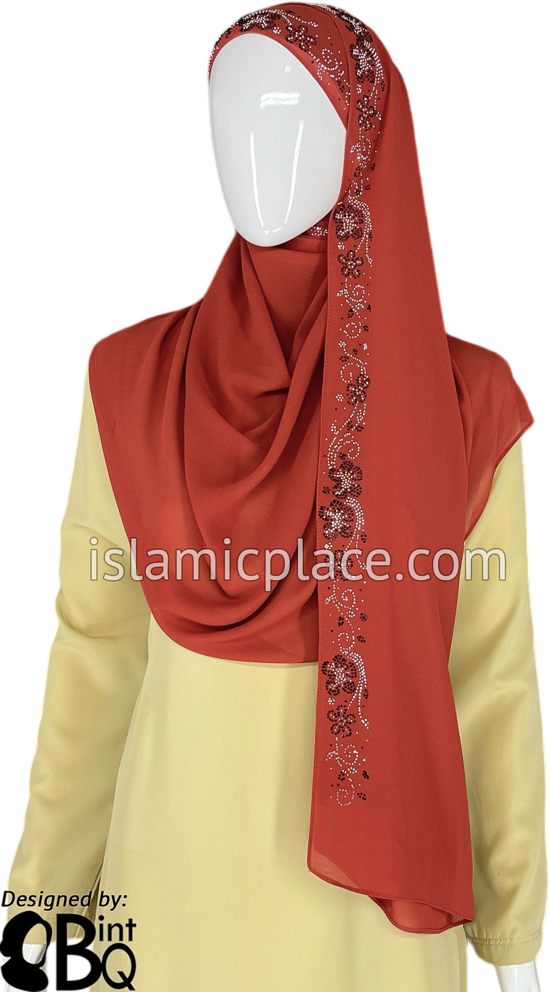 Rust with Black-Silver Stones in Design 54 - Georgette Chiffon Shayla Long Rectangle Hijab 30&quot;x70&quot;