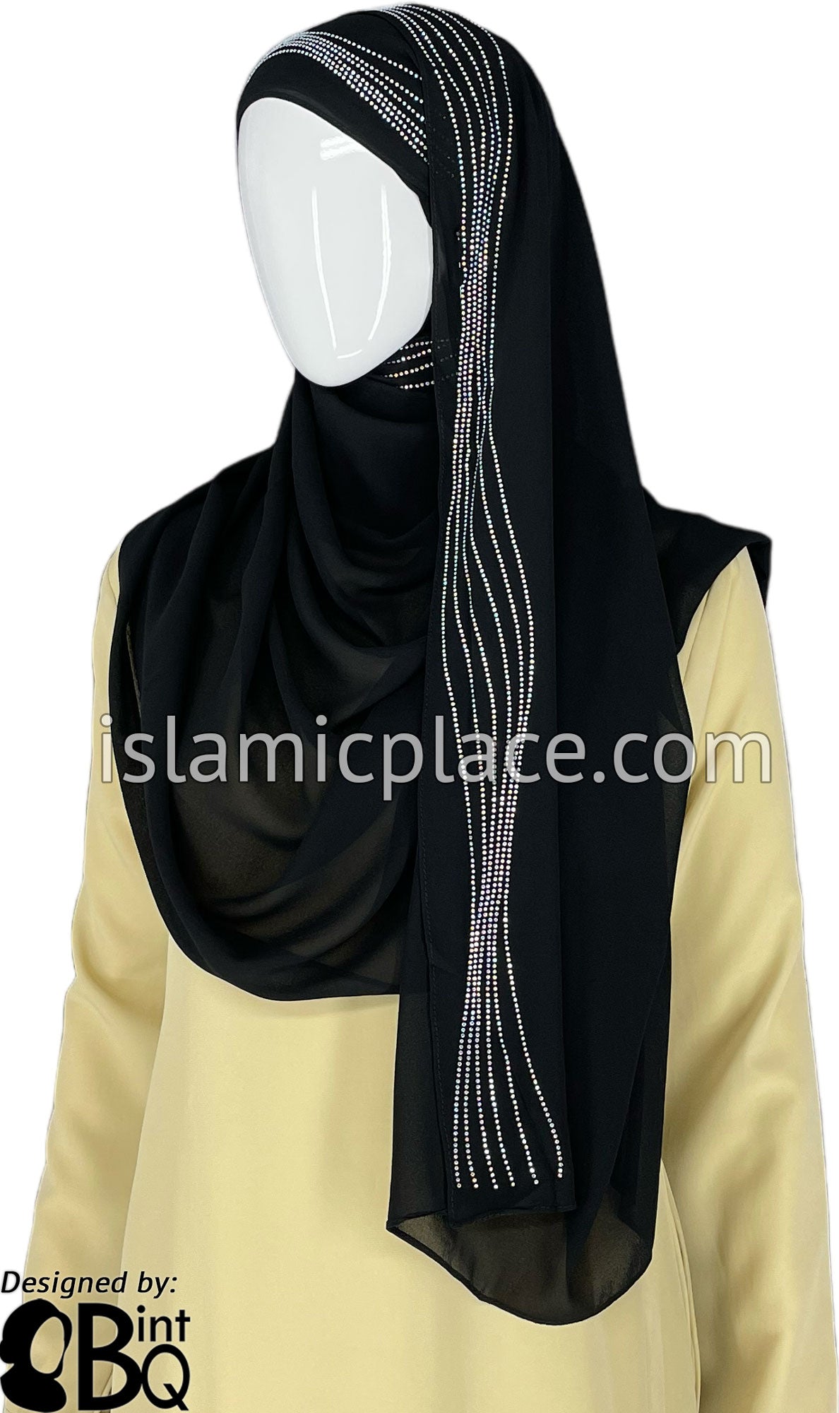 Black with Silver Stones in Design 102 - Georgette Chiffon Shayla Long Rectangle Hijab 30&quot;x70&quot;