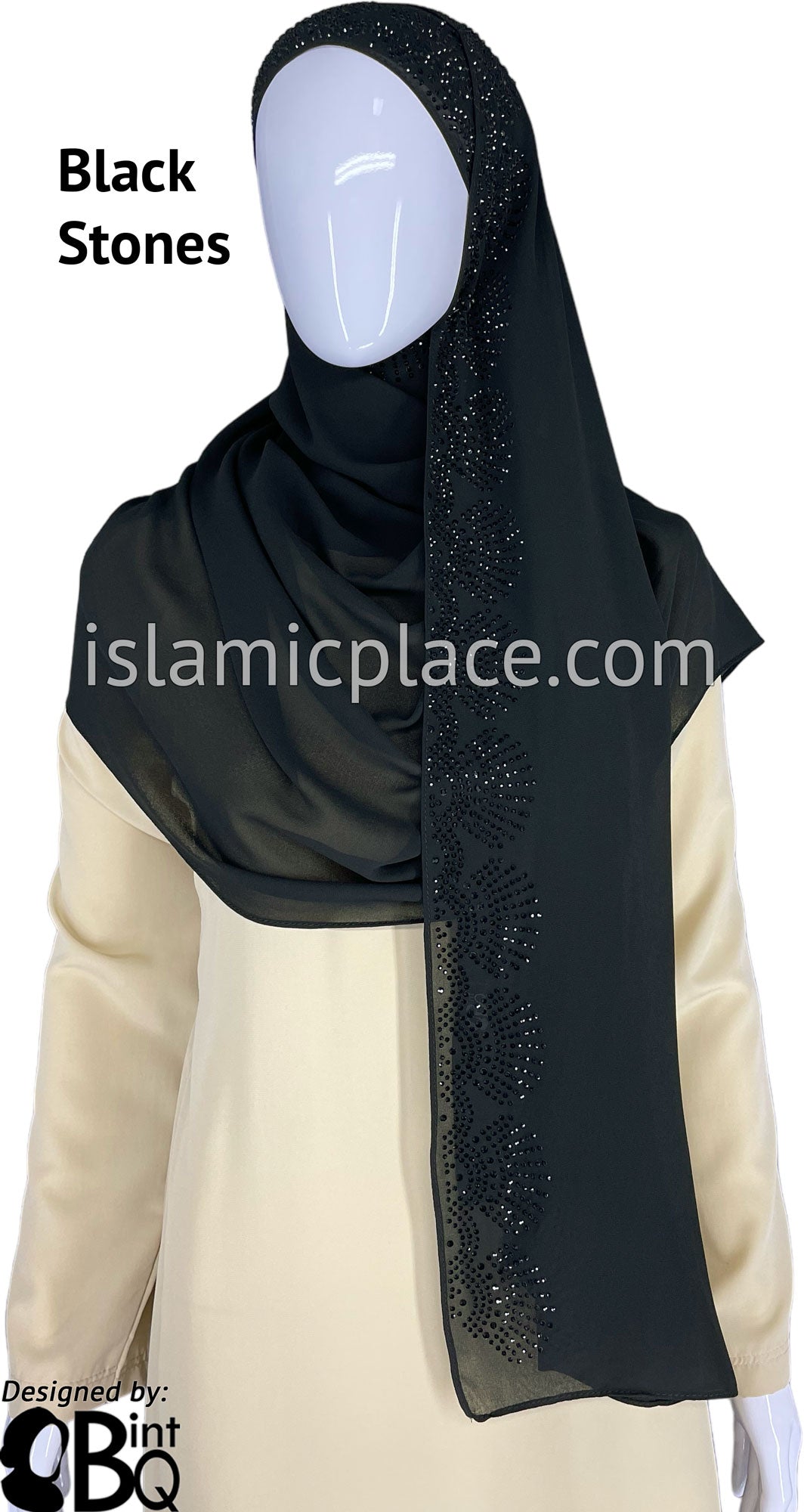 Black with Black Stones in Design 26 - Georgette Chiffon Shayla Long Rectangle Hijab 30"x70"