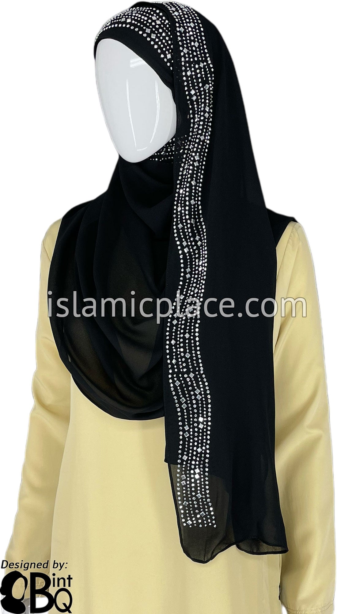 Black with Silver Stones in Design 33 - Georgette Chiffon Shayla Long Rectangle Hijab 30&quot;x70&quot;