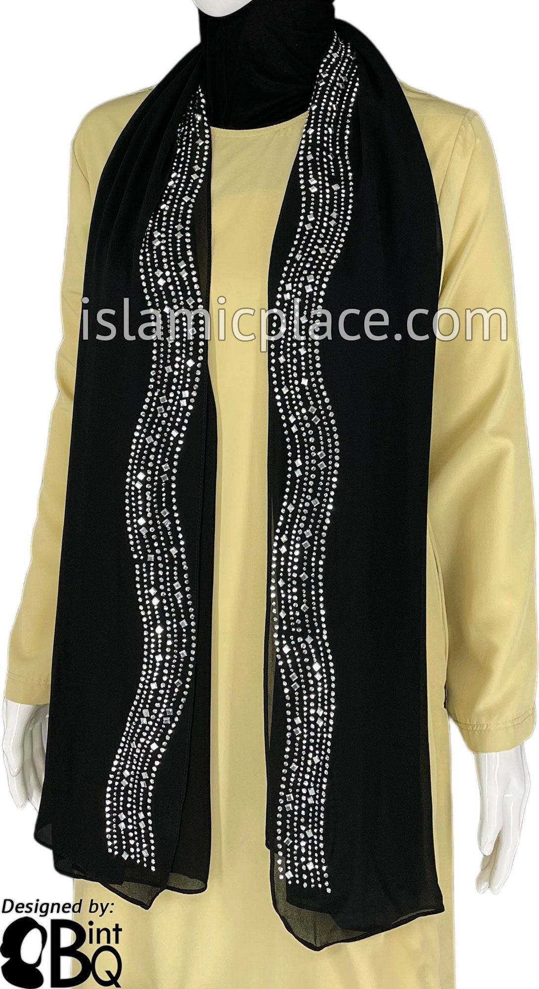 Black with Silver Stones in Design 33 - Georgette Chiffon Shayla Long Rectangle Hijab 30"x70"