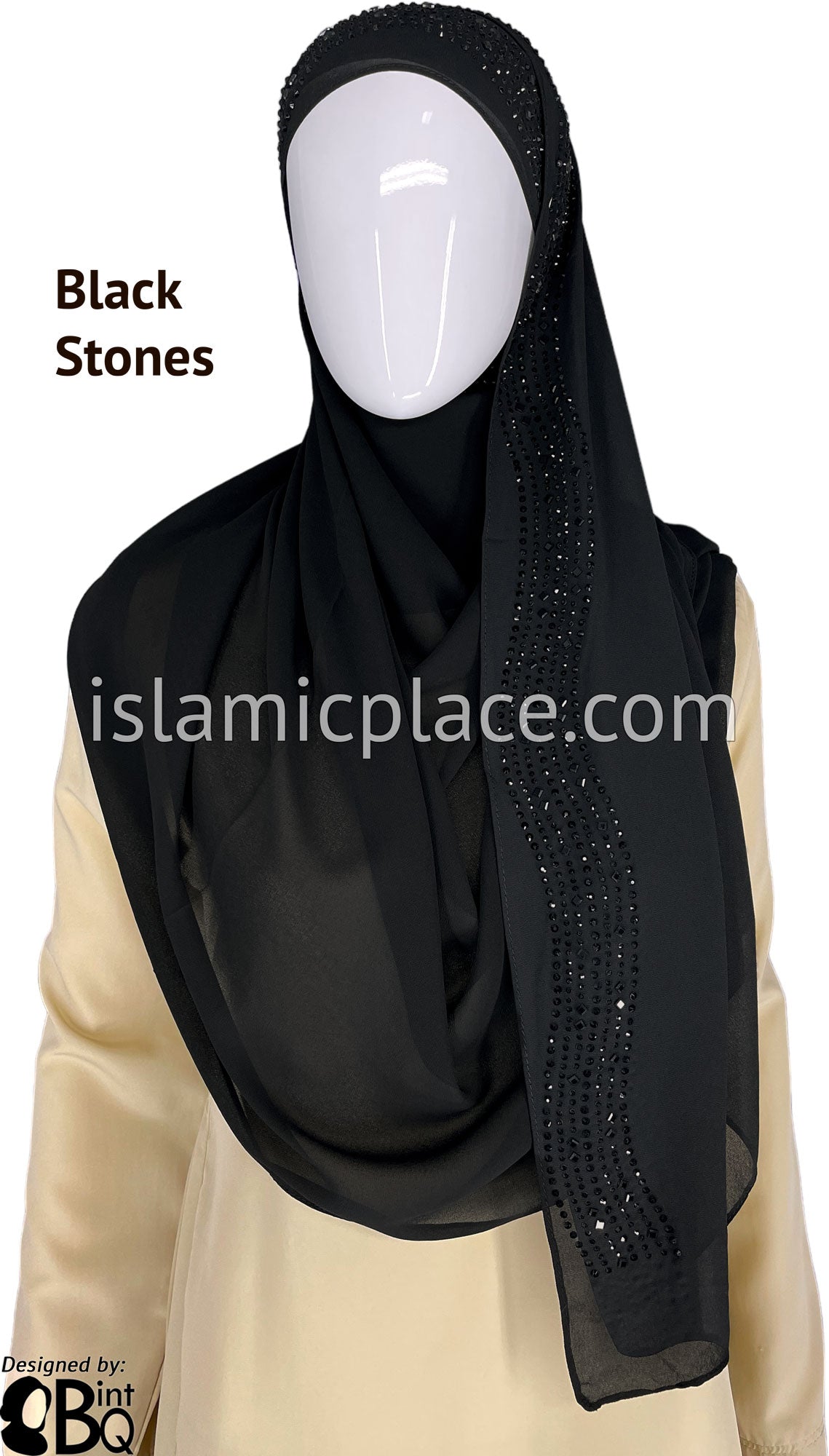 Black with Black Stones in Design 33 - Georgette Chiffon Shayla Long Rectangle Hijab 30&quot;x70&quot;