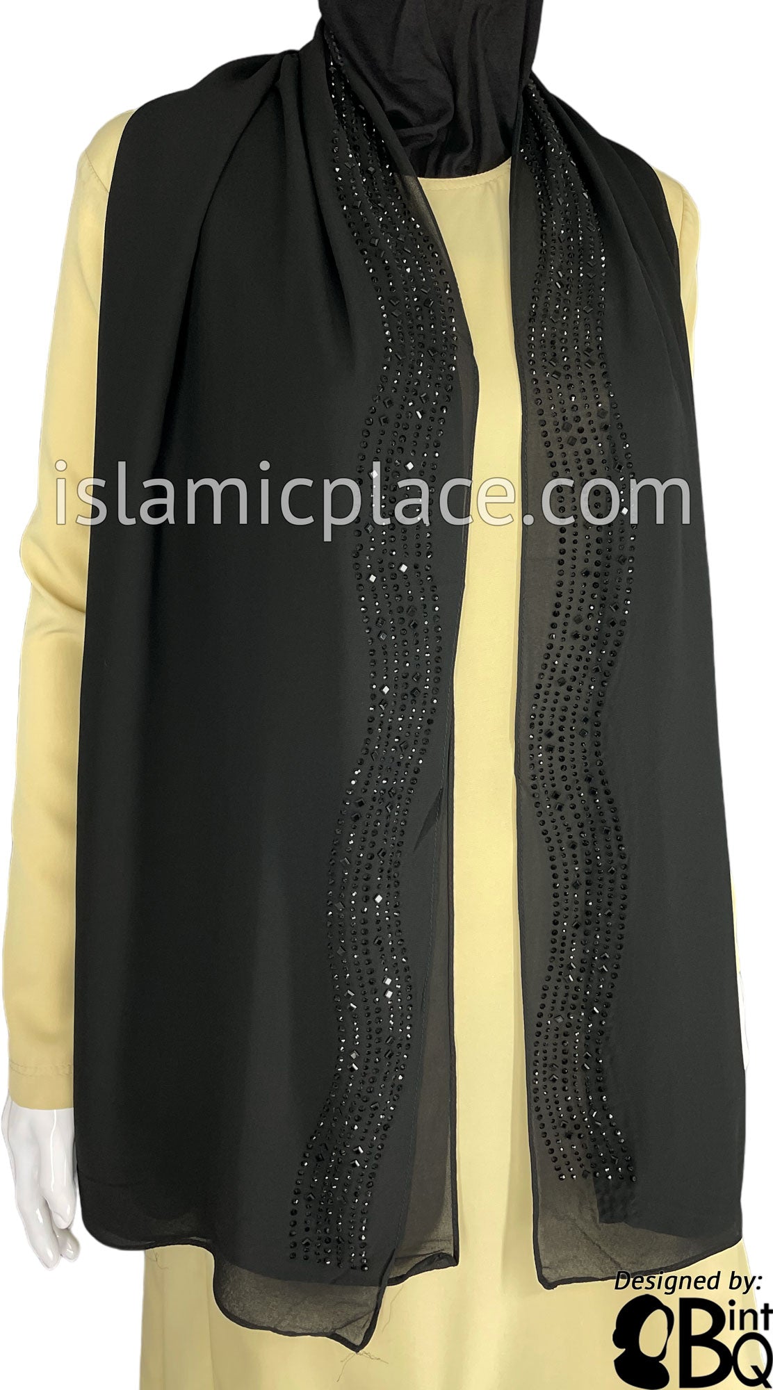 Black with Black Stones in Design 33 - Georgette Chiffon Shayla Long Rectangle Hijab 30"x70"