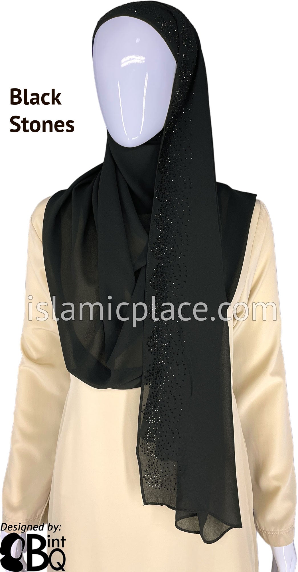 Black with Black Stones in Design 14 - Georgette Chiffon Shayla Long Rectangle Hijab 30&quot;x70&quot;