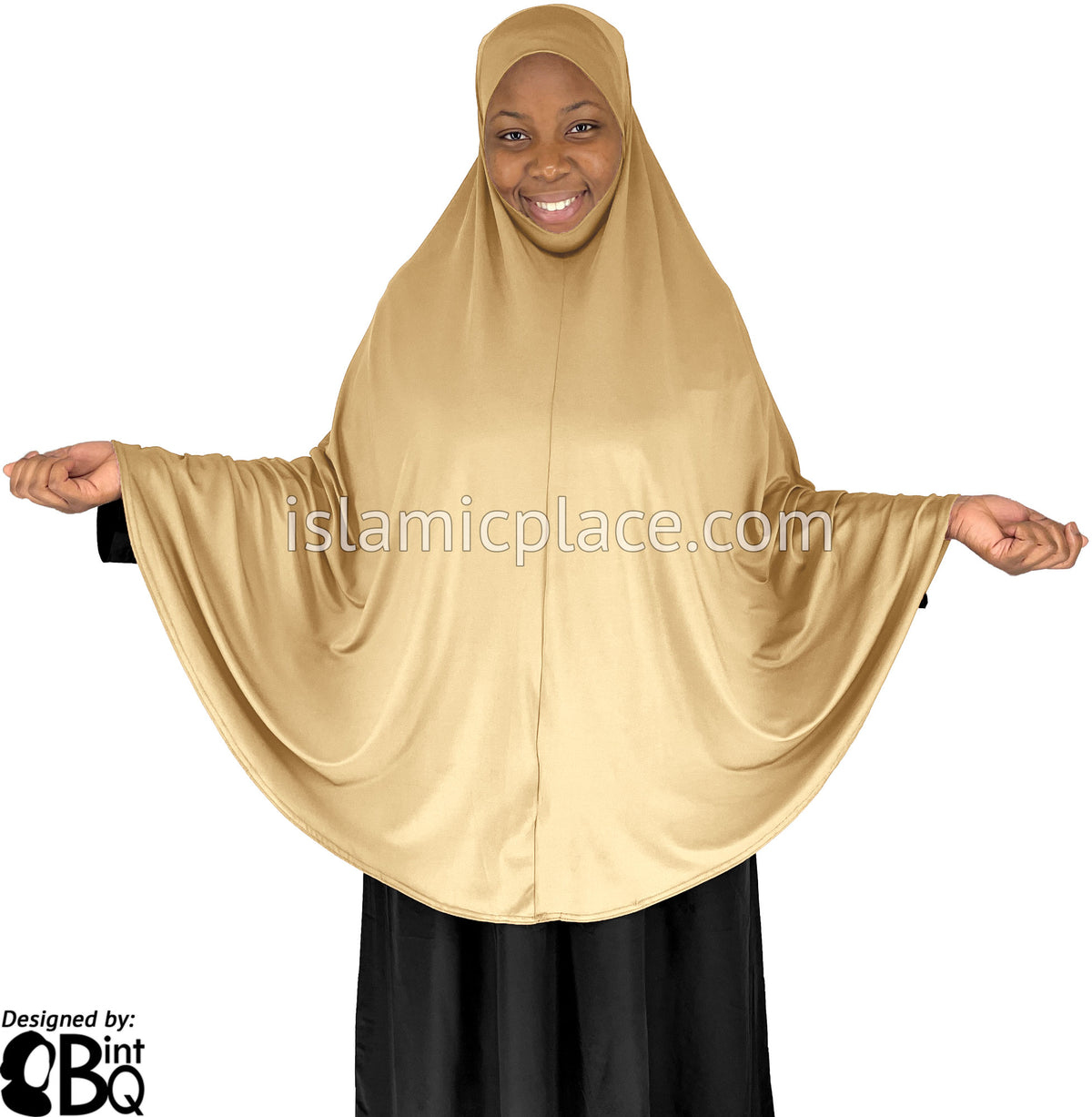 Beige - Plain Overhead Khimar - Extra Long Knee Length