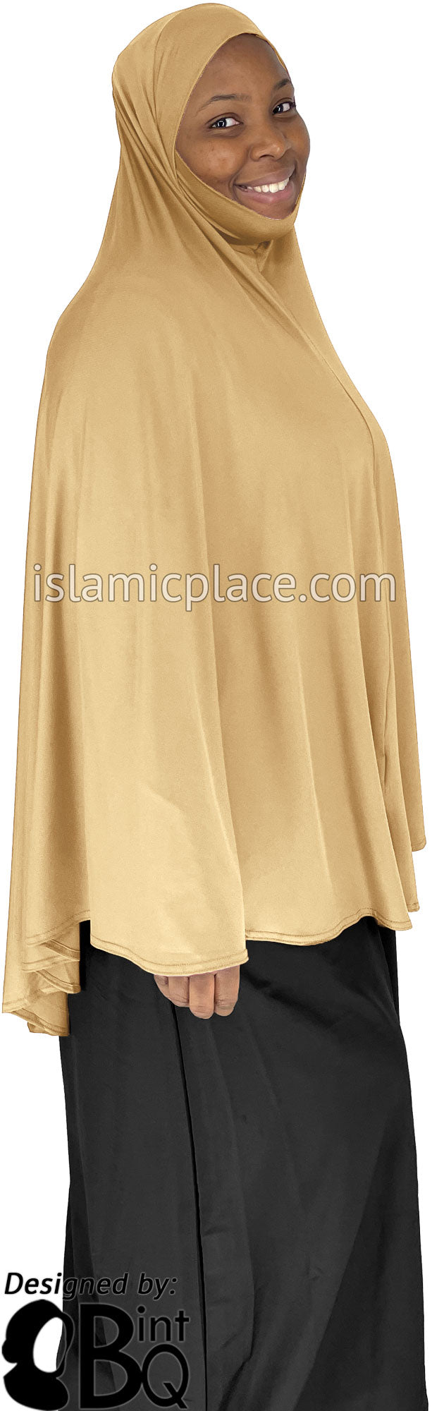 Beige - Plain Overhead Khimar - Extra Long Knee Length