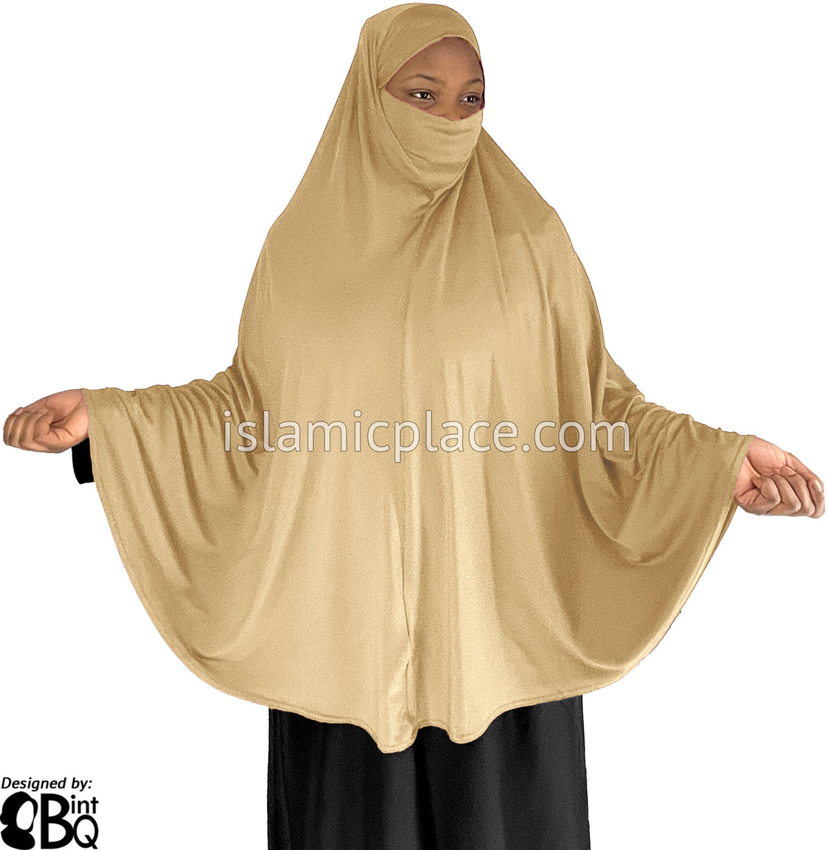 Beige - Plain Overhead Khimar - Extra Long Knee Length - The Islamic Place