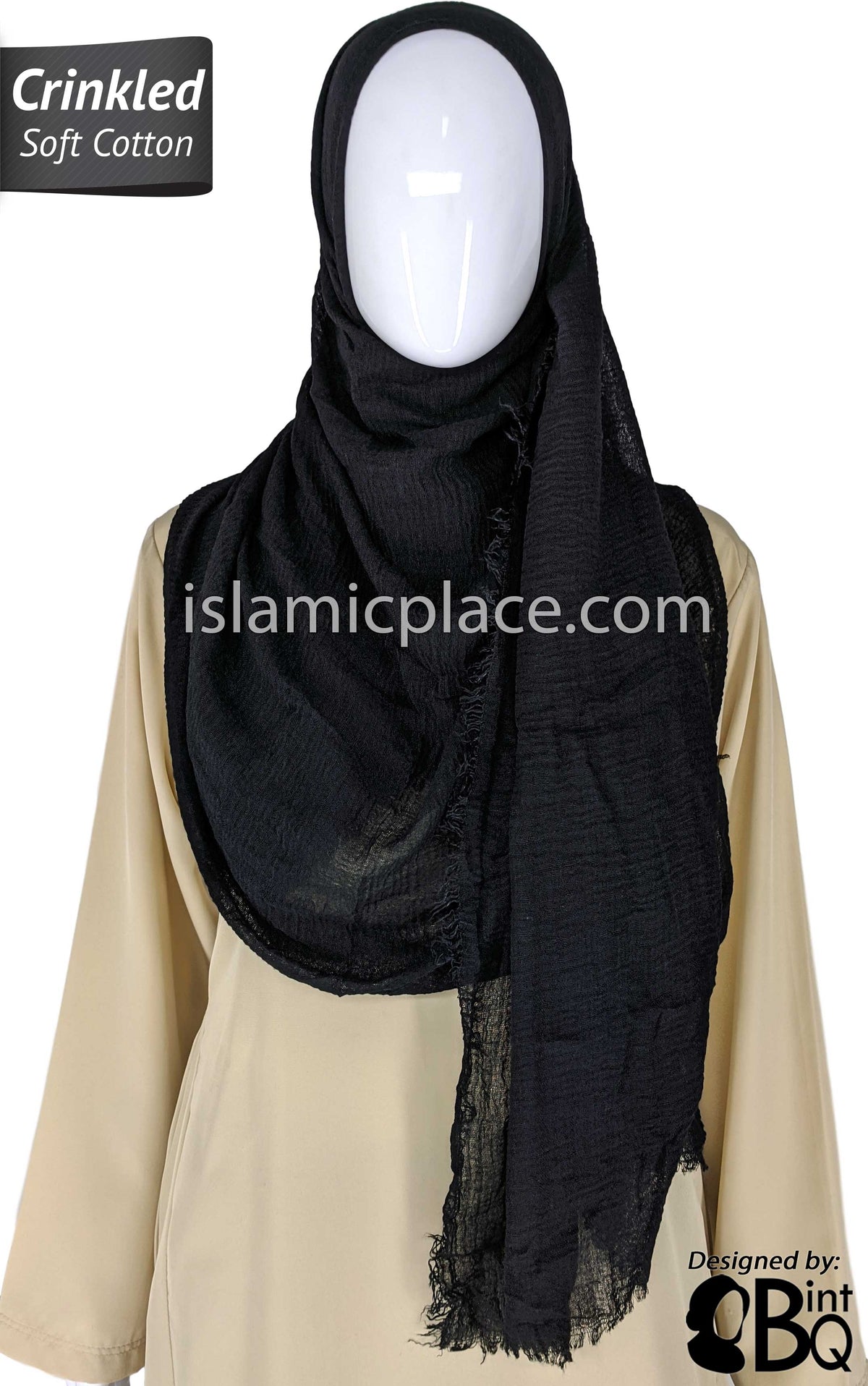 Black - Plain Soft Crinkle Cotton Shayla Long Rectangle Hijab 36&quot;x72&quot;