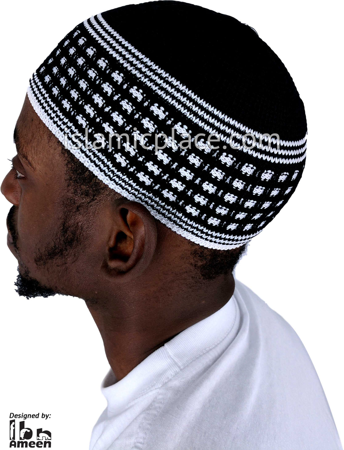 Black &amp; White - Elastic Knitted Ameen Designer Kufi